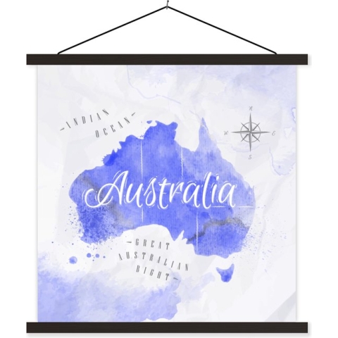 Posterhanger incl. Poster - Schoolplaat - Wereldkaart - Australië - Blauw - 120x120 cm - Zwarte latten
