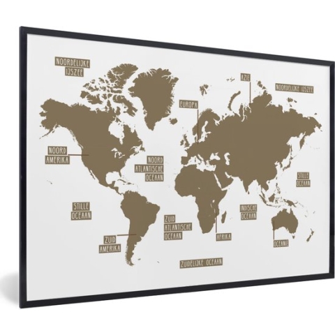 Fotolijst incl. Poster - Wereldkaart - Topografie - Bruin - 120x80 cm - Posterlijst