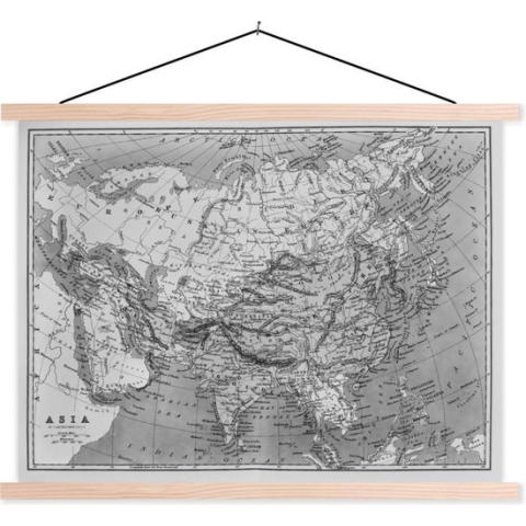 Posterhanger incl. Poster - Schoolplaat - Klassieke wereldkaart zwart wit - 150x113 cm - Zwarte latten