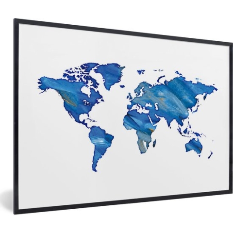 Fotolijst incl. Poster - Wereldkaart - Waterverf - Blauw - 90x60 cm - Posterlijst