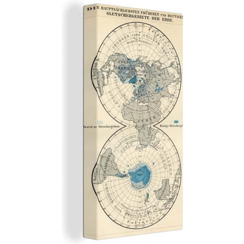 Canvas Wereldkaart - 80x160 - Wanddecoratie Gletsjers op vintage wereldkaart