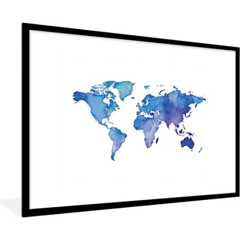 Fotolijst incl. Poster - Wereldkaart - Waterverf - Blauw - 120x80 cm - Posterlijst