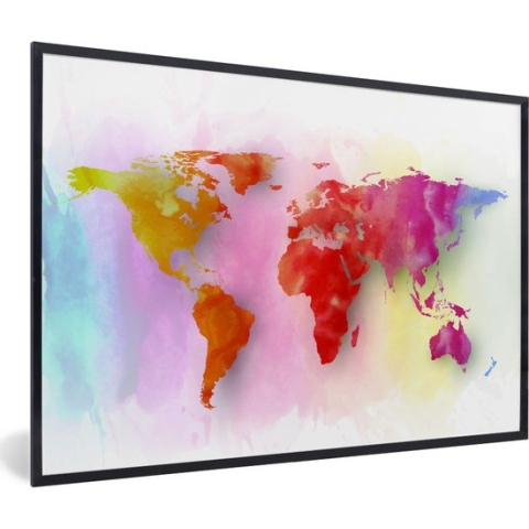 Fotolijst incl. Poster - Wereldkaart - Aquarel - Regenboog - 90x60 cm - Posterlijst