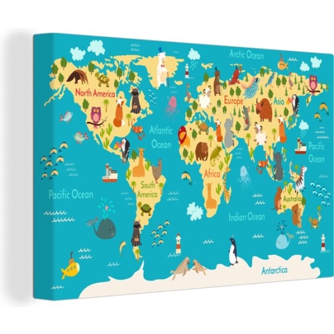 Canvas kinderen - Schilderij voor kinderen - Wereldkaart - Kind - Dieren - Geel - Decoratie voor kinderkamers - Wanddecoratie Kids - 150x100 cm