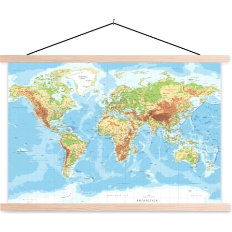 Posterhanger incl. Poster - Schoolplaat - Wereldkaart - Atlas - Topografie - 150x100 cm - Blanke latten