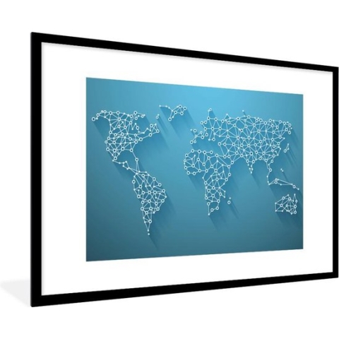 Fotolijst incl. Poster - Wereldkaart - Lijnen - Blauw - 120x80 cm - Posterlijst