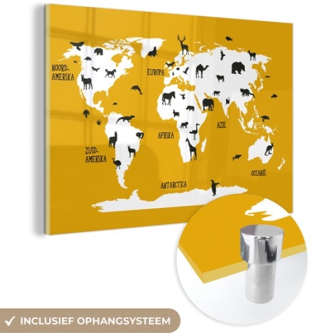 MuchoWow® Glasschilderij - Wereldkaart Kinderen - Dieren - Geel - 150x100 cm - Acrylglas Schilderijen - Foto op Glas