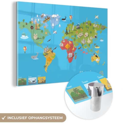 MuchoWow® Glasschilderij - Wereldkaart Kinderen - Modern - Symbolen - 150x100 cm - Acrylglas Schilderijen - Foto op Glas