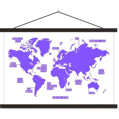 Posterhanger incl. Poster - Schoolplaat - Wereldkaart - Paars - Simpel - 150x100 cm - Zwarte latten