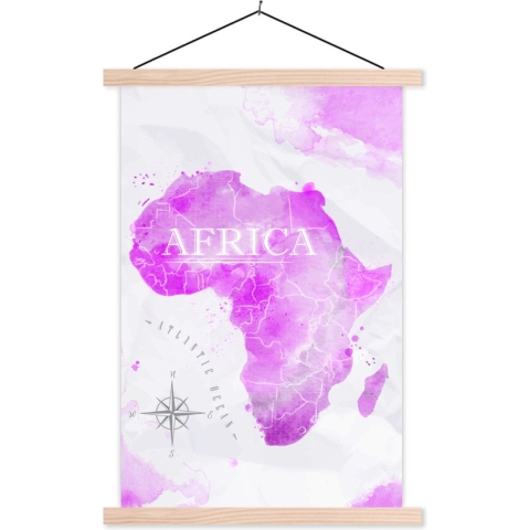 Posterhanger incl. Poster - Schoolplaat - Wereldkaart - Roze - Afrika - 120x180 cm - Blanke latten