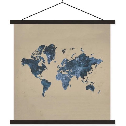 Posterhanger incl. Poster - Schoolplaat - Wereldkaart - Blauw - Glitter - 120x120 cm - Zwarte latten