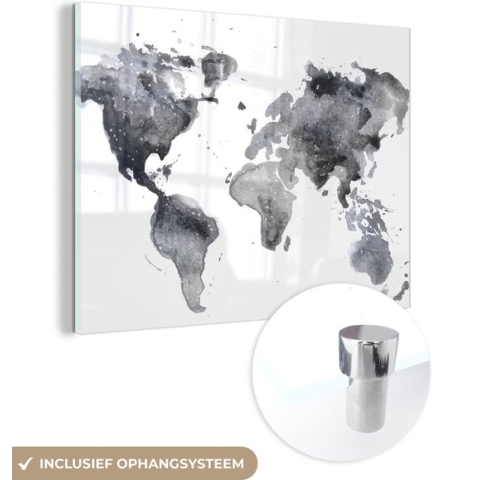 MuchoWow® Glasschilderij - Wereldkaart - Abstract - Grijs - Waterverf - 120x90 cm - Acrylglas Schilderijen - Foto op Glas