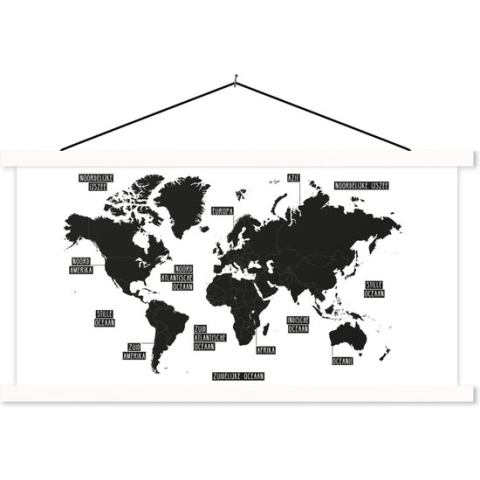 Schoolplaat - Wereldkaart - Topografie - Zwart - 150x75 cm - Textielposter Witte latten - Textiel poster