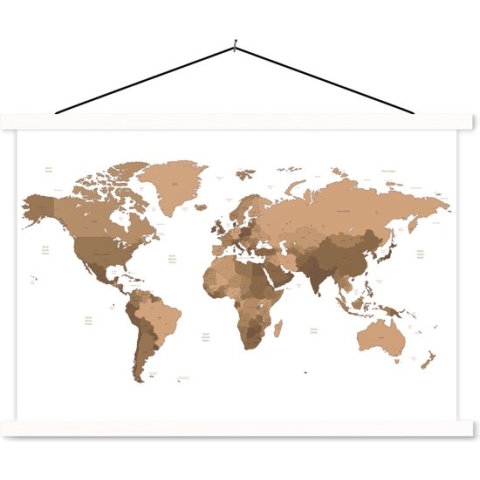 Schoolplaat - Wereldkaart - Bruin - Topografie - 150x100 cm - Textielposter Witte latten - Textiel poster