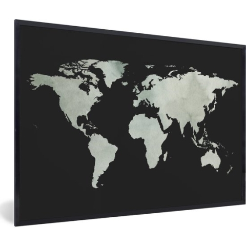 Fotolijst incl. Poster - Wereldkaart - Grijs - Zwart - 90x60 cm - Posterlijst