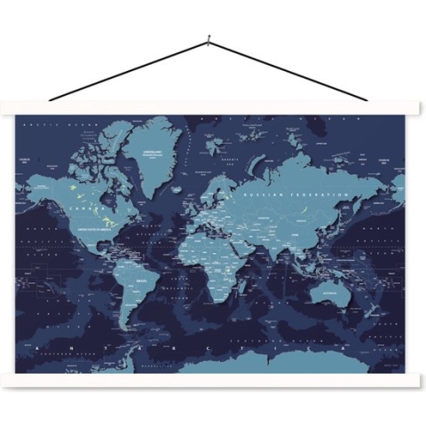 Schoolplaat - Wereldkaart - Abstract - Blauw - 150x100 cm - Textielposter Witte latten - Textiel poster