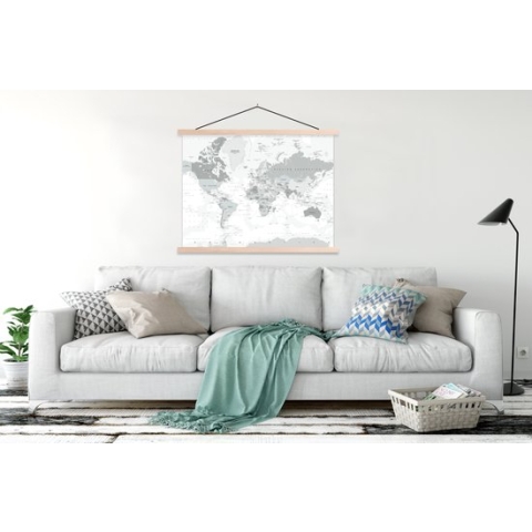 Posterhanger incl. Poster - Schoolplaat - Wereldkaart - Wit - Grijs - Aarde - 150x113 cm - Zwarte latten