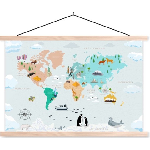 Textielposter - Wereldkaart Kinderen - Symbolen - Kompas - 150x100 cm - Schoolplaat - Textiel poster