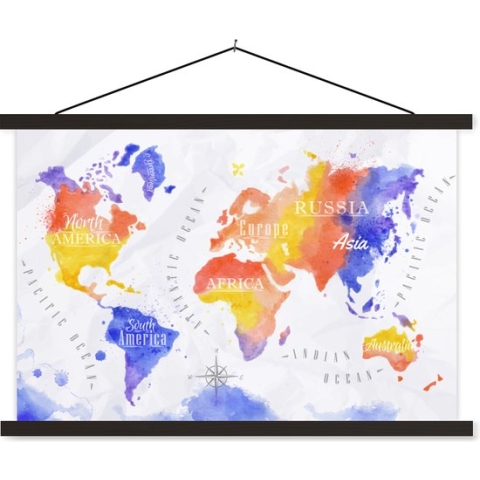 Posterhanger incl. Poster - Schoolplaat - Wereldkaart - Waterverf - Rood - Blauw - 150x100 cm - Zwarte latten