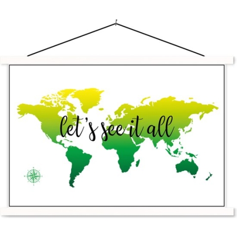 Schoolplaat - Wereldkaart - Groen - Kompas - 150x100 cm - Textielposter Witte latten - Textiel poster