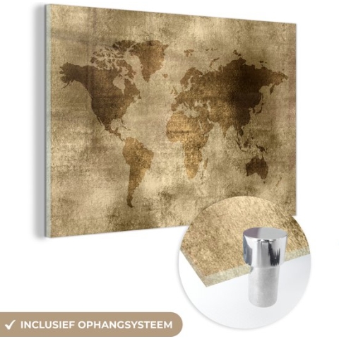 MuchoWow® Glasschilderij - Wereldkaart - Antiek - Bruin - 120x80 cm - Acrylglas Schilderijen - Foto op Glas