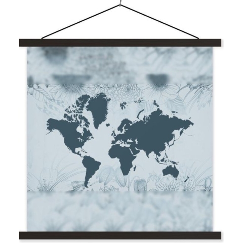 Posterhanger incl. Poster - Schoolplaat - Wereldkaart - Planten - Blauw - 120x120 cm - Zwarte latten
