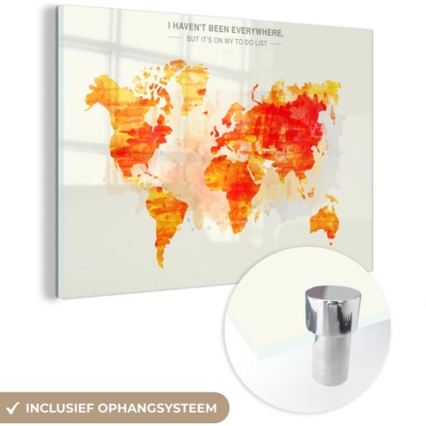 MuchoWow® Glasschilderij - Wereldkaart - Verf - Zonsondergang - 150x100 cm - Acrylglas Schilderijen - Foto op Glas