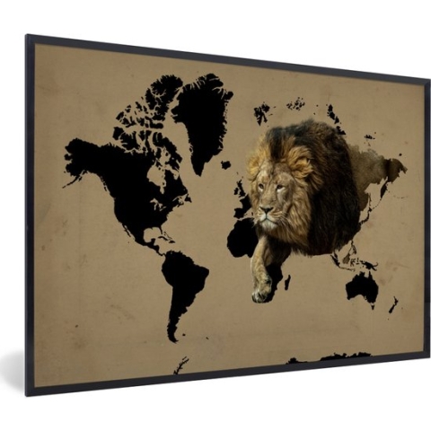 Fotolijst incl. Poster - Wereldkaart - Zwart - Leeuw - 90x60 cm - Posterlijst