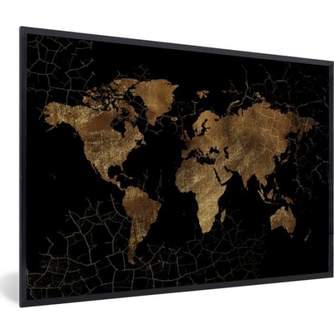 Fotolijst incl. Poster - Wereldkaart - Marmer - Goud - 90x60 cm - Posterlijst