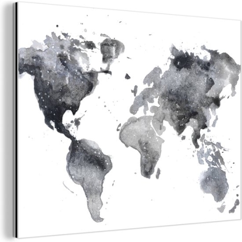Wanddecoratie Metaal - Aluminium Schilderij Industrieel - Wereldkaart - Abstract - Grijs - Waterverf - 80x60 cm - Dibond - Foto op aluminium - Industriële muurdecoratie - Voor de woonkamer/slaapkamer