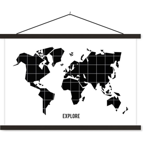 Posterhanger incl. Poster - Schoolplaat - Wereldkaart - Trendy - Zwart - 150x100 cm - Zwarte latten