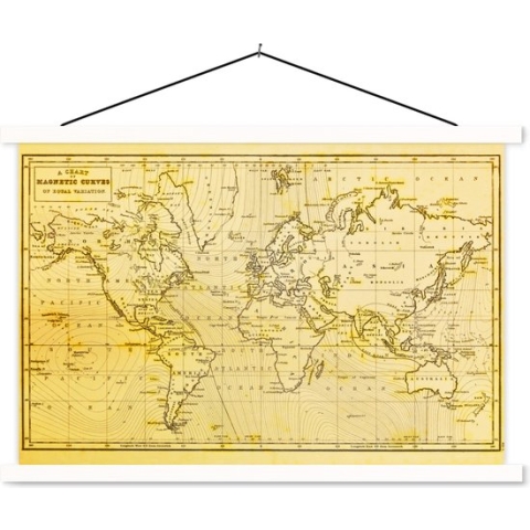 Schoolplaat - Wereldkaart - Vintage - Geel - 150x100 cm - Textielposter Witte latten - Textiel poster