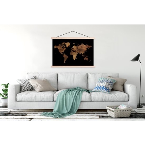 Posterhanger incl. Poster - Schoolplaat - Wereldkaart - Zwart - Brons - 150x100 cm - Blanke latten