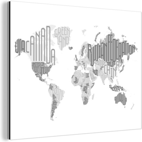 Wanddecoratie Metaal - Aluminium Schilderij Industrieel - Wereldkaart - Letters - Grijs - 120x90 cm - Dibond - Foto op aluminium - Industriële muurdecoratie - Voor de woonkamer/slaapkamer