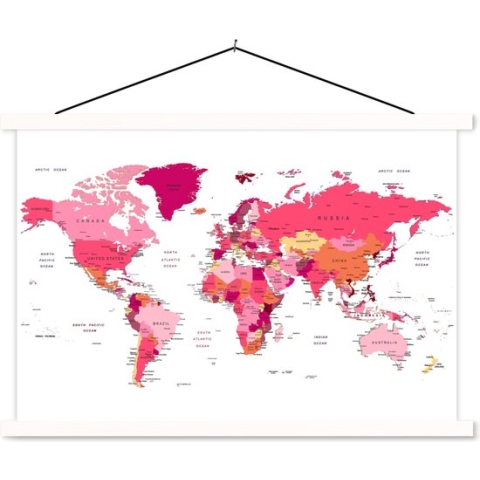 Schoolplaat - Wereldkaart - Topografie - Roze - 150x100 cm - Textielposter Witte latten - Textiel poster