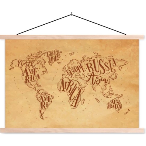 Posterhanger incl. Poster - Schoolplaat - Wereldkaart - Retro - Bruin - 150x100 cm - Blanke latten