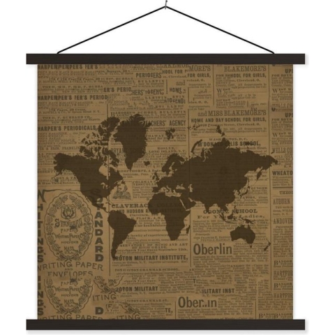 Posterhanger incl. Poster - Schoolplaat - Wereldkaart Bruin - Krant - Letters - 120x120 cm - Zwarte latten