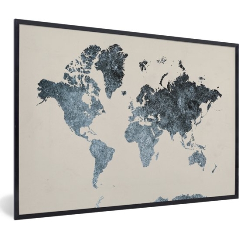 Fotolijst incl. Poster - Wereldkaart - Zwart - Zilver - 90x60 cm - Posterlijst