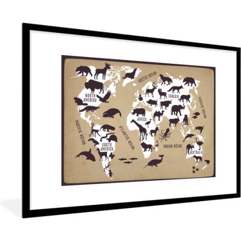 Fotolijst incl. Poster - Wereldkaart - Dieren - Bruin - 120x80 cm - Posterlijst