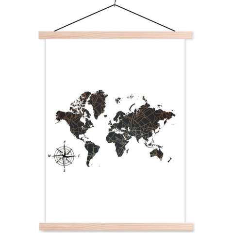 Wanddecoratie - Wereldkaart - Zwart - Abstract - Schoolplaat - 120x160 cm - Textielposter - Textiel poster