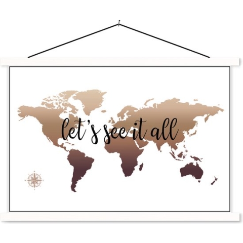 Schoolplaat - Wereldkaart - Bruin - Kompas - 150x100 cm - Textielposter Witte latten - Textiel poster
