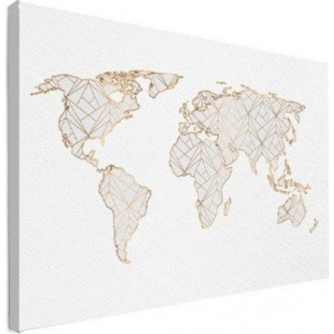 Wereldkaart Geometrische Gouden Lijnen Grijs - Canvas 120x90