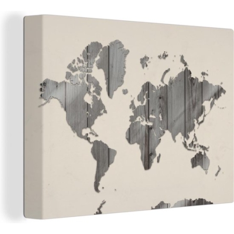 Wanddecoratie Wereldkaart - Hout - Plank - Canvas - 160x120 cm