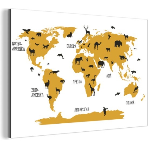 Wanddecoratie Metaal - Aluminium Schilderij Industrieel - Wereldkaart - Kinderen - Goud - Dieren - Kind - 180x120 cm - Dibond - Foto op aluminium - Industriële muurdecoratie - Voor de woonkamer/slaapkamer