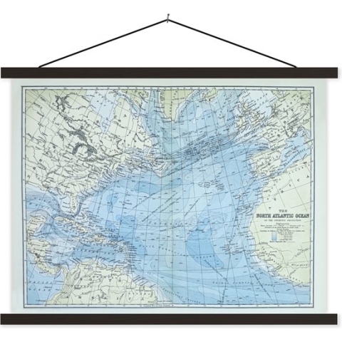 Posterhanger incl. Poster - Schoolplaat - Klassieke wereldkaart Noordelijke Atlantische oceaan - 150x113 cm - Zwarte latten