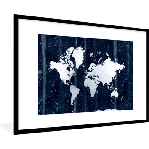 Fotolijst incl. Poster - Wereldkaart - Wit - Blauw - 120x80 cm - Posterlijst