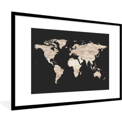 Fotolijst incl. Poster - Wereldkaart - Beige- Zwart - 120x80 cm - Posterlijst