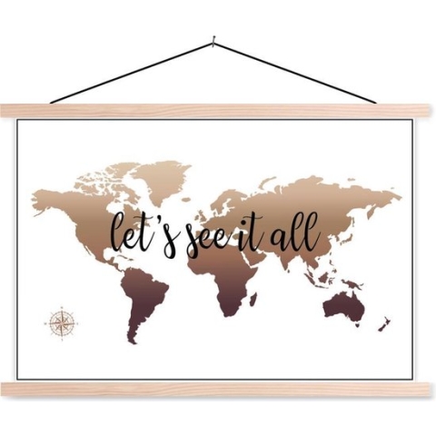 Posterhanger incl. Poster - Schoolplaat - Wereldkaart - Bruin - Kompas - 150x100 cm - Blanke latten