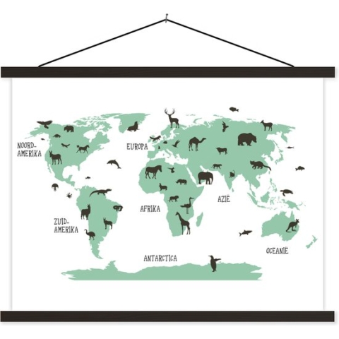 Textielposter - Wereldkaart kinderen - Dieren - Turquoise - 150x113 cm - Schoolplaat - Textiel poster