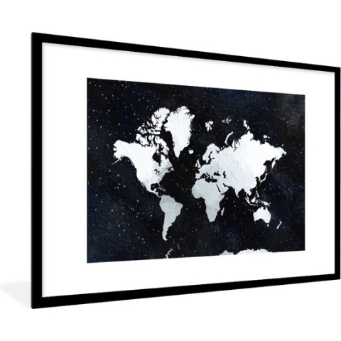 Fotolijst incl. Poster - Wereldkaart - Waterverf - Sterrenhemel - 120x80 cm - Posterlijst
